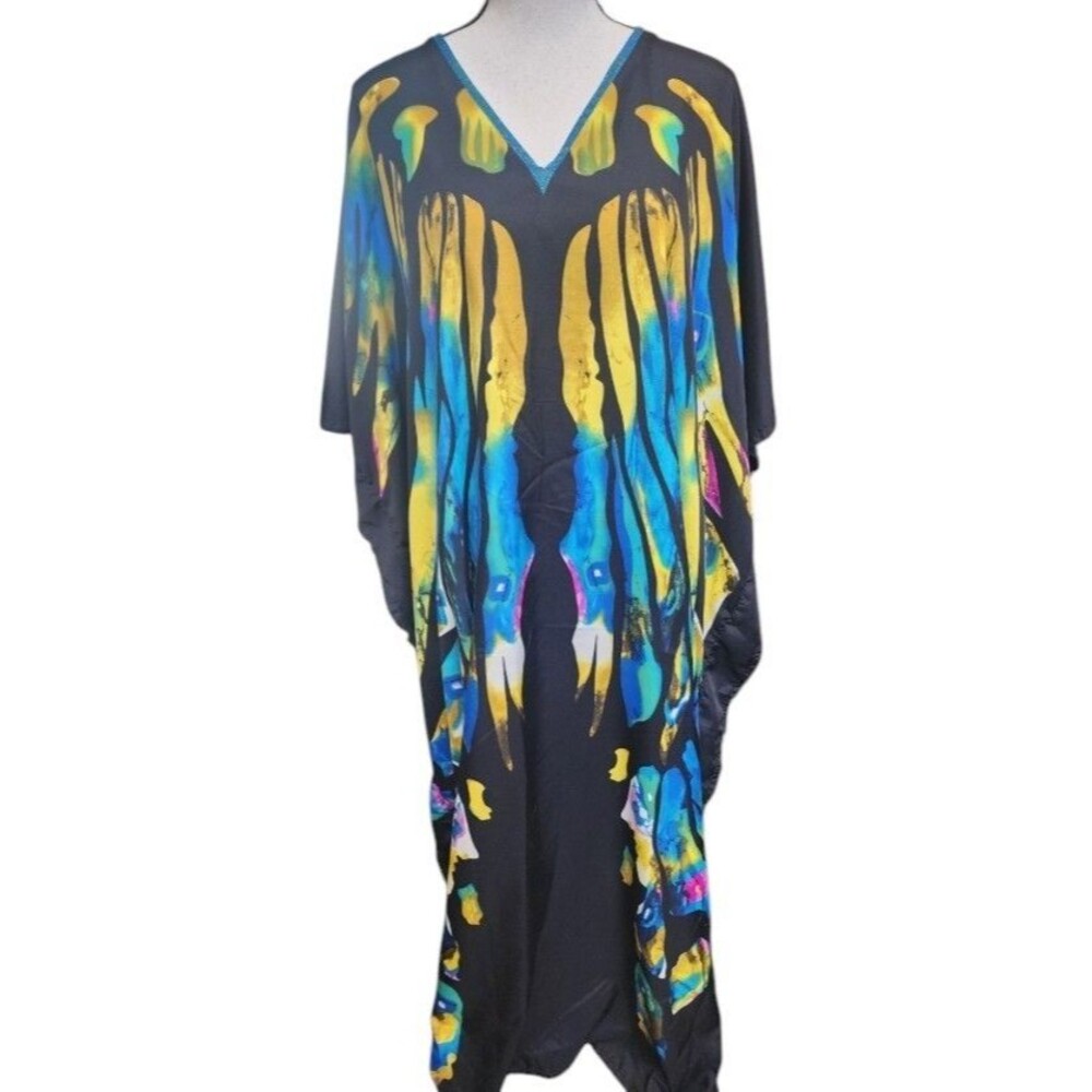 Juliette Long Caftan by Winlar OS Silky Soft Poly Satin Butterfly Pattern